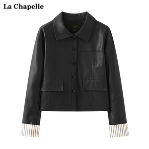 拉夏贝尔/La Chapelle春季新款翻领排扣撞色条纹袖口PU皮衣外套女