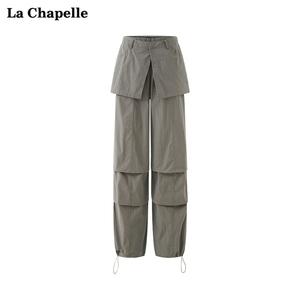 拉夏贝尔/La Chapelle灰绿色设计感松紧叠片褶皱抽绳工装休闲裤女