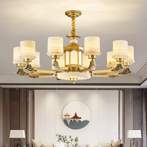 新中式全铜天然真玉石吊灯客厅灯别墅复式楼空中楼大厅大吊灯新款