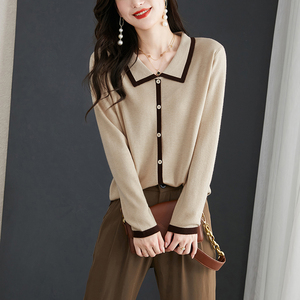 针织衫女内搭秋季2022年新款宽松套头慵懒翻领长袖米色洋气上衣女
