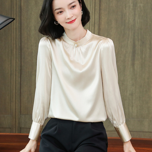 杭州丝绸缎面真丝小衫女高档时尚洋气长袖套头桑蚕丝上衣衬衫气质