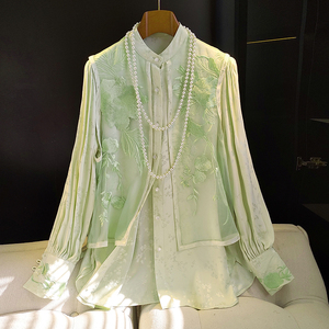 改良新中式旗袍上衣女设计感小众假两件重工绣花旗袍提花长袖衬衫