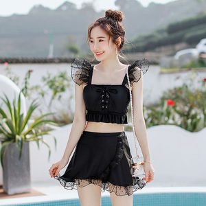 韩国ins风温泉泳衣女三件套裙式荷叶边印花香蕉系带吊带分体泳衣