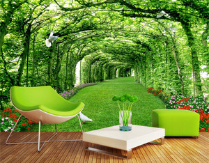 壁画壁纸墙纸3d立体树林森林绿色草地通道电视客厅卧室背景墙