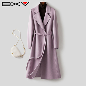 BXV紫色双面羊绒大衣女中长款2023秋冬新款腰带加厚双面呢外套潮