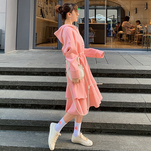 早秋女装2021年新款仙女粉色连帽长袖卫衣连衣裙女春秋装少女长裙