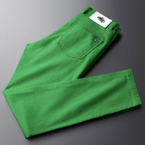 夏季新品绿色牛仔裤男修身弹力男士休闲个性皮牌经典休闲裤子男潮