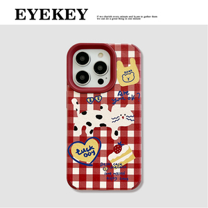 eyekey适用可爱红色格纹蛋糕猫咪iphone15pro max苹果14手机壳11新年13pro卡通女款12硅胶14pm全包防摔保护套