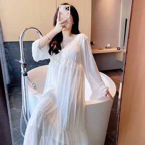 小清新甜美睡裙女2021夏季新款韩版长袖睡衣网纱裙子家居服ins风