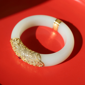 和田玉手镯 18k金镶玉手镯 羊脂玉手镯 宽条圆条细条手镯女苏工