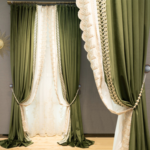轻奢复古橄榄绿墨绿色丝绒布绣花法式窗帘新款客厅卧室遮光落地窗