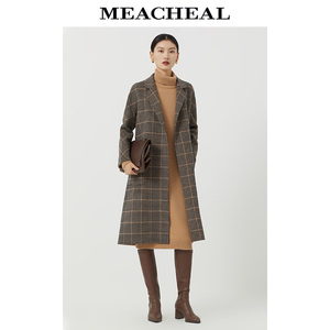 MEACHEAL米茜尔秋冬新款绵羊毛格纹双面呢长款大衣通勤时尚女外套