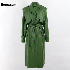 nerazzurri欧货pu皮衣外套女长款系带单排扣时尚设计感绿色皮风衣