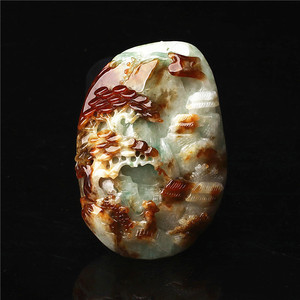 天然正品翡翠山水手把件红翡俏色巧雕发钗男女款玉器手玩件带证书