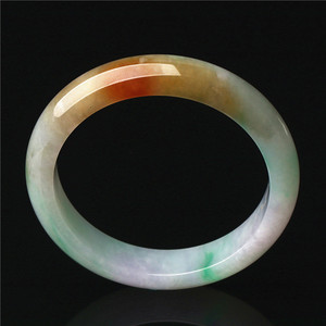 正品三彩翡翠福禄寿手镯天然缅甸玉a货冰糯种玉镯53扁条带证书