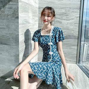 小众改良版旗袍中国风少女方领鱼尾裙碎花连衣裙子盈罗兰旗舰店299