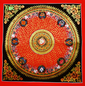 尼泊尔纯手绘精美吉祥八宝六字真言坛城唐卡(暂售完)