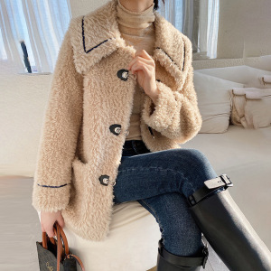 miss喜宝淘宝钰懿纺 驼色羊剪绒皮毛一体中长外套2018新款气质慵懒