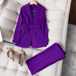 紫色西装外套女春秋气质收腰高端系腰带中长款职业套装春秋小西服