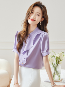 紫色短袖衬衫女夏季薄款高级设计感小众别致上衣职业气质雪纺衬衣