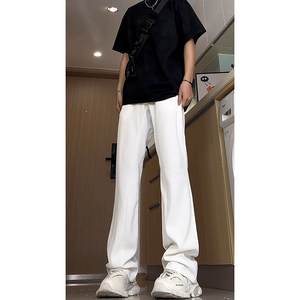 纯白色弯刀西裤垂坠感夏季潮男高级感裤子加长高腰冰丝直筒微喇裤