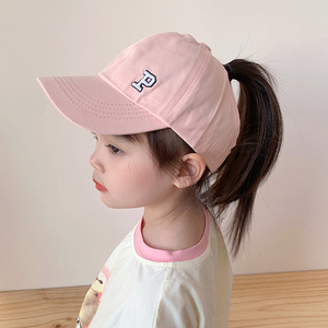 宝宝帽子粉白色刺绣字母镂空鸭舌帽女童春夏款出游韩版儿童棒球帽