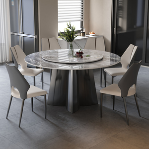 岩板圆形餐桌椅组合意式轻奢简约现代高端大户型家用饭桌带转盘