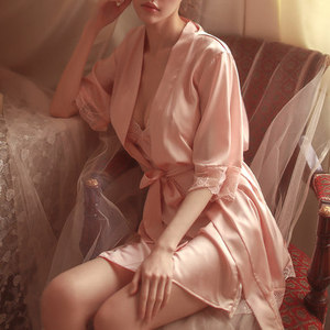 维密性感睡衣女两件套真丝睡裙开叉透明蕾丝诱惑薄款蚕丝吊带睡袍