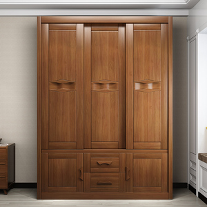 三门推拉门式大衣柜带试衣镜 多功能卧室储物柜子木衣橱实木衣柜