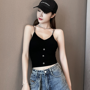 双肩带吊带背心女短款纽扣设计感紧身露肚脐交叉美背露肩露背裹胸