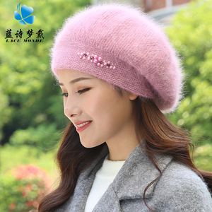冬季加厚毛线帽女双层保暖兔毛帽子潮百搭甜美可爱针织帽冬季加绒