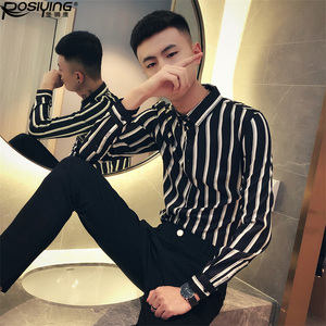 社会小伙条纹衬衫男潮牌长袖韩版修身帅气发型师撞色衬衣春秋寸衫