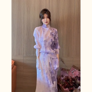 2024年新款夏款新中式国风女装今年流行漂亮紫色盘扣连衣裙子套装