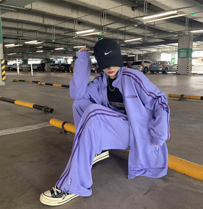 紫色宽松休闲运动套装女2019秋新款嘻哈hiphop洋气卫衣两件套潮牌