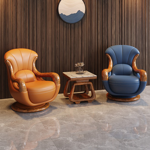 新中式乌金木休闲椅实木真皮转椅设计师单人沙发椅高靠背现代简约