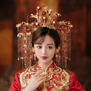 新娘红色中式秀禾服结婚头饰古典长流苏凤冠古代婚礼发饰品妤芮