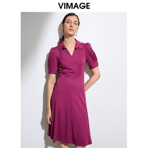 VIMAGE纬漫纪夏季优雅气质翻领收腰泡泡袖法式复古连衣裙