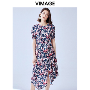 VIMAGE纬漫纪品牌女装夏款时尚复古印花不规则下摆收腰雪纺连衣裙