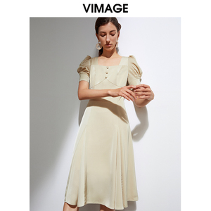 VIMAGE纬漫纪夏法式方领泡泡袖连衣裙气质收腰显瘦优雅复古