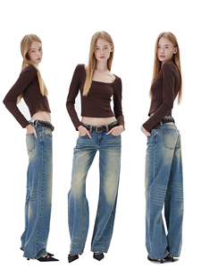HAI3*低腰中蓝复古水洗无弹牛仔裤*Low rise vintage jeans