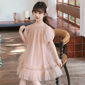 女童连衣裙粉色公主小女孩夏装短袖中大童洋气网红儿童裙子网纱潮