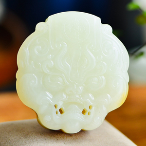 仿古兽腰带扣男士款玉石腰饰天然新疆和田玉糖白玉镂空皮带扣66g