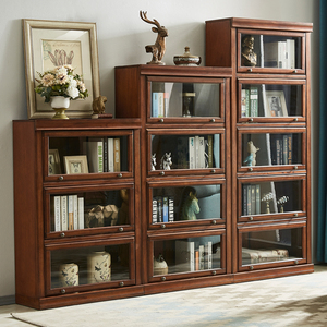 美式实木书柜家用落地带门多层书架自由组合柜子收纳储物轻奢乡村