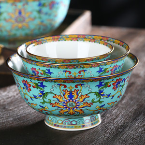 碗碟套装家用陶瓷碗景德镇骨瓷餐具中式轻奢珐琅彩宫廷碗金边寿碗