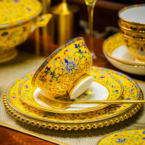 碗家用宫廷风景德镇新中式碗盘碗碟套装组合陶瓷珐琅彩骨瓷碗汤碗