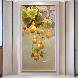 新中式葫芦手绘油画挂画入户玄关装饰画走廊过道竖版壁画五福临门