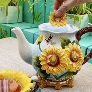 方亚蒸蒸日上太阳花陶瓷茶壶咖啡壶热水壶凉水壶家居日用结婚礼品