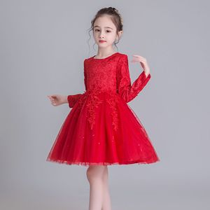 女童连衣裙秋冬款长袖儿童蓬蓬纱裙子洋气公主礼服季小孩演出红
