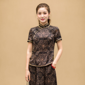 华族经典真丝香云纱唐装中国风丝绸女装夏复古盘扣旗袍式上衣短袖