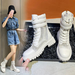 全真皮镂空短靴网纱马丁靴女2022夏透气女凉鞋粗跟夏天靴子配裙子